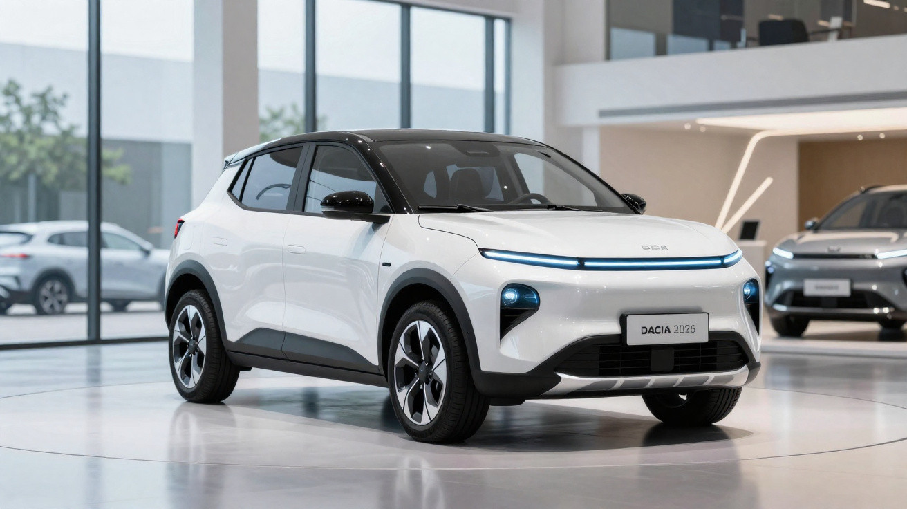 Carro elétrico branco Dacia 2026 em exposição moderna e iluminada com janelas amplas ao fundo.