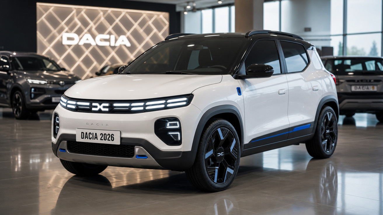 SUV branco Dacia 2026 exibido em showroom com iluminação moderna e detalhes em azul.