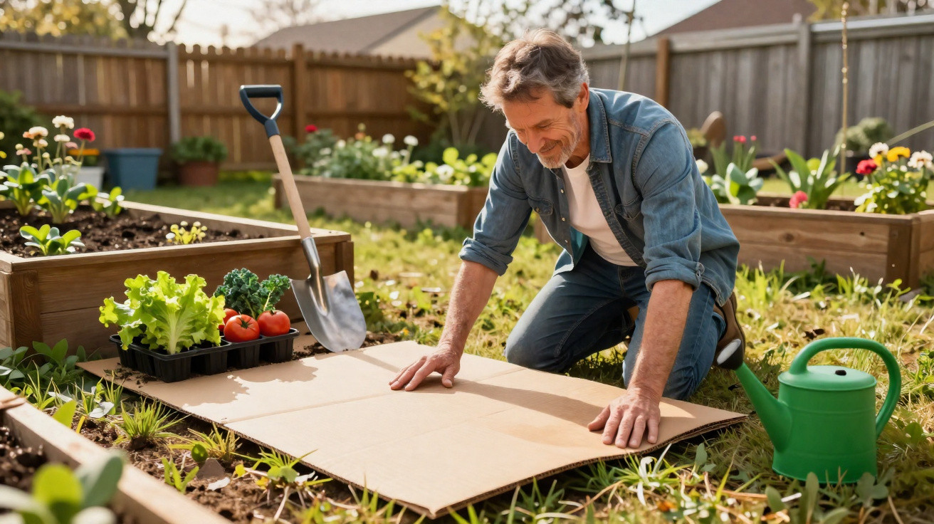 Homem preparando canteiro com papelão para horta em jardim ensolarado.