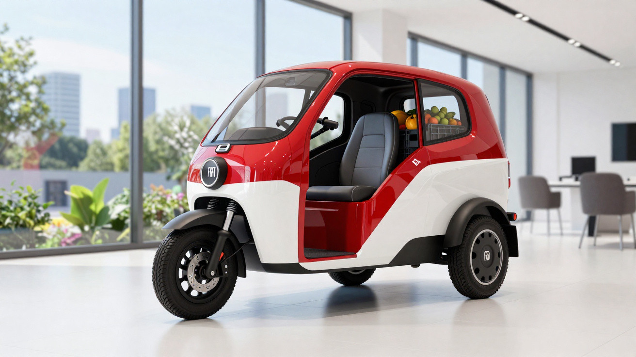 Veículo urbano compacto elétrico Fiat de três rodas com assento único em ambiente interno moderno.