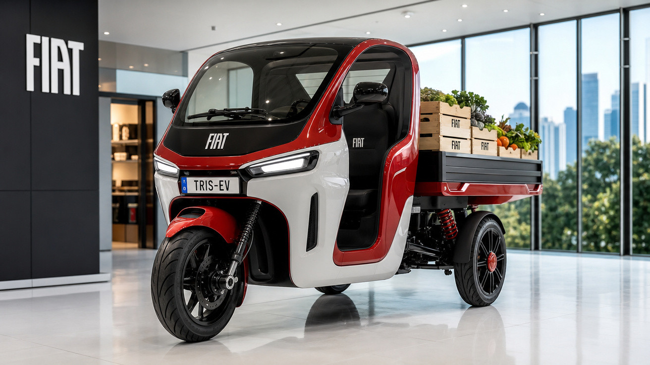 Veículo elétrico compacto Fiat Tris-EV vermelho e branco, tipo utilitário com três rodas, no showroom.