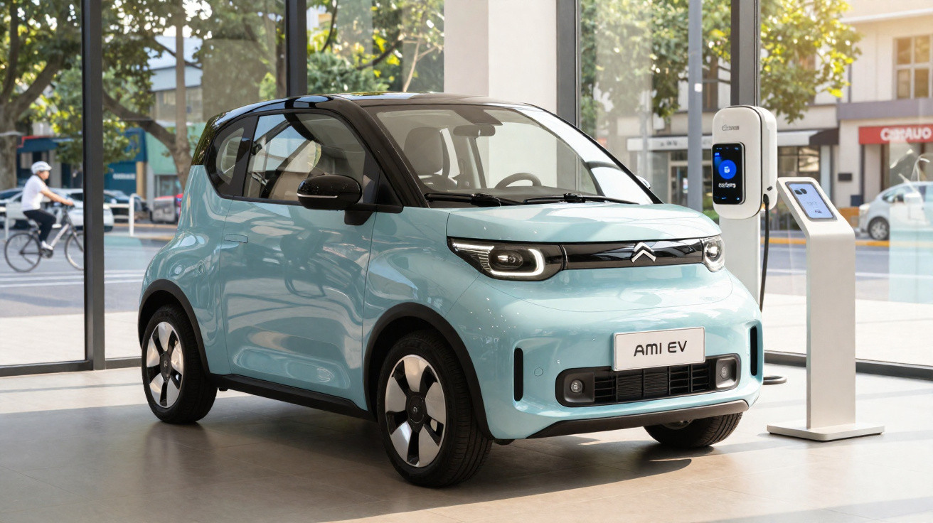 Carro elétrico Citroën Ami EV azul claro, compacto, conectado a carregador em showroom.