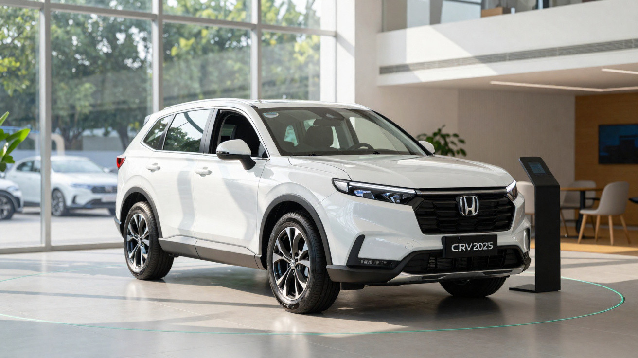 Carro SUV branco Honda CRV 2025 exposto em showroom moderno com grandes janelas.