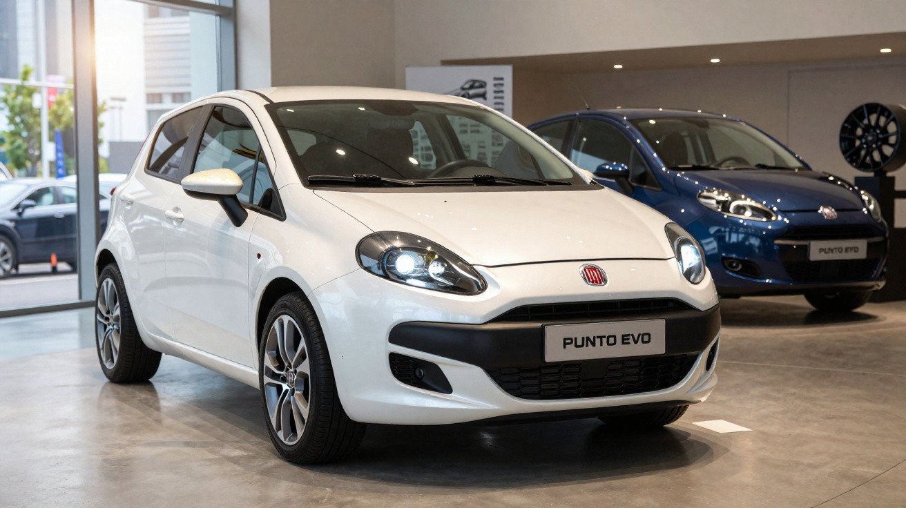 Carro Fiat Punto Evo branco exibido em showroom com outro carro azul ao fundo.