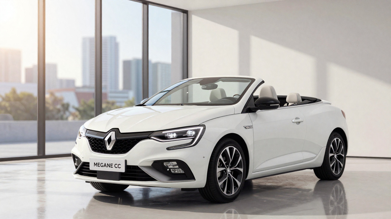 Carro conversível branco Renault Megane CC estacionado em ambiente interno com janelas grandes.