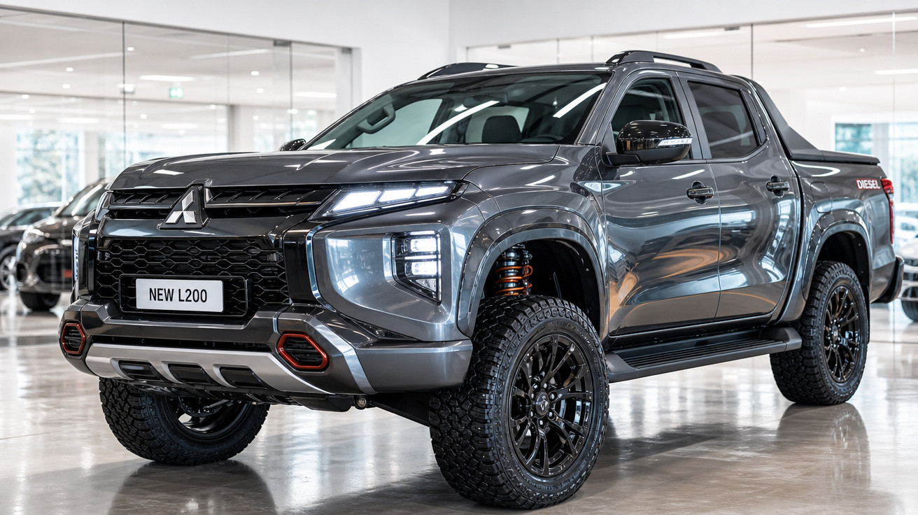 Picape Mitsubishi New L200 cinza exibida em showroom moderno e iluminado.