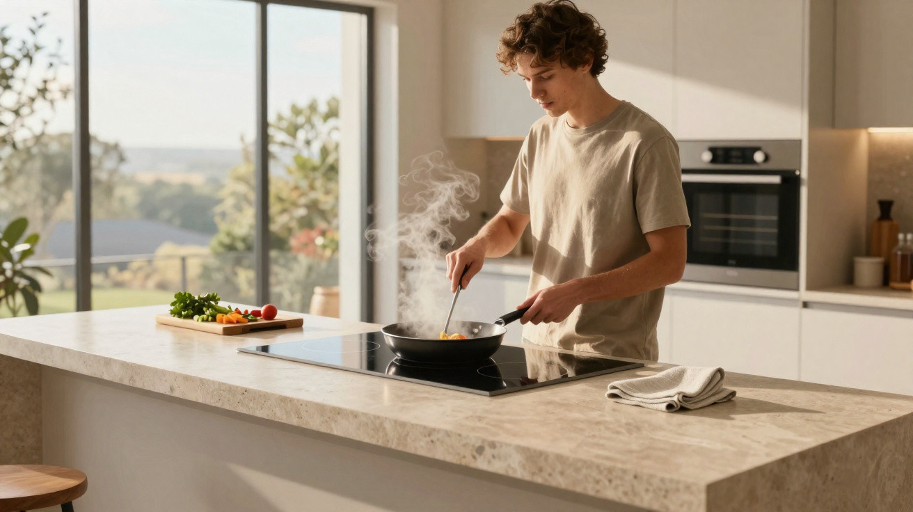 Jovem cozinhando em frigideira sobre fogão em cozinha moderna com luz natural vindo da janela.