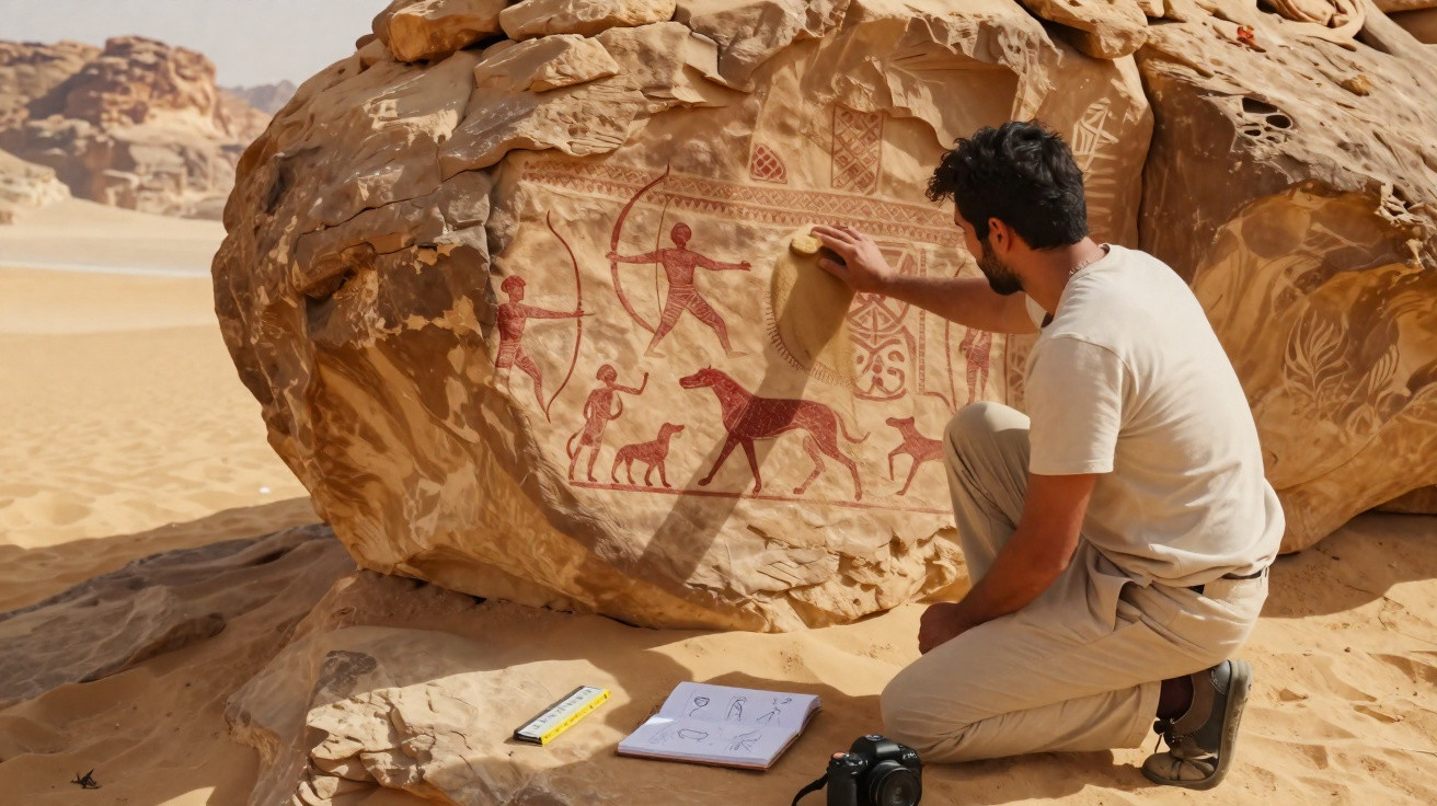 Homem observa e estuda pinturas rupestres vermelhas em grande pedra no deserto com caderno e câmera ao lado.