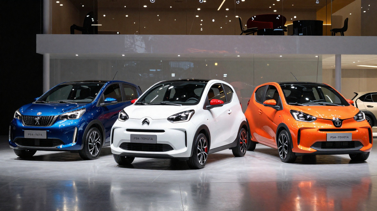 Três carros compactos novos em exposição, nas cores azul, branco e laranja, sob iluminação interna.