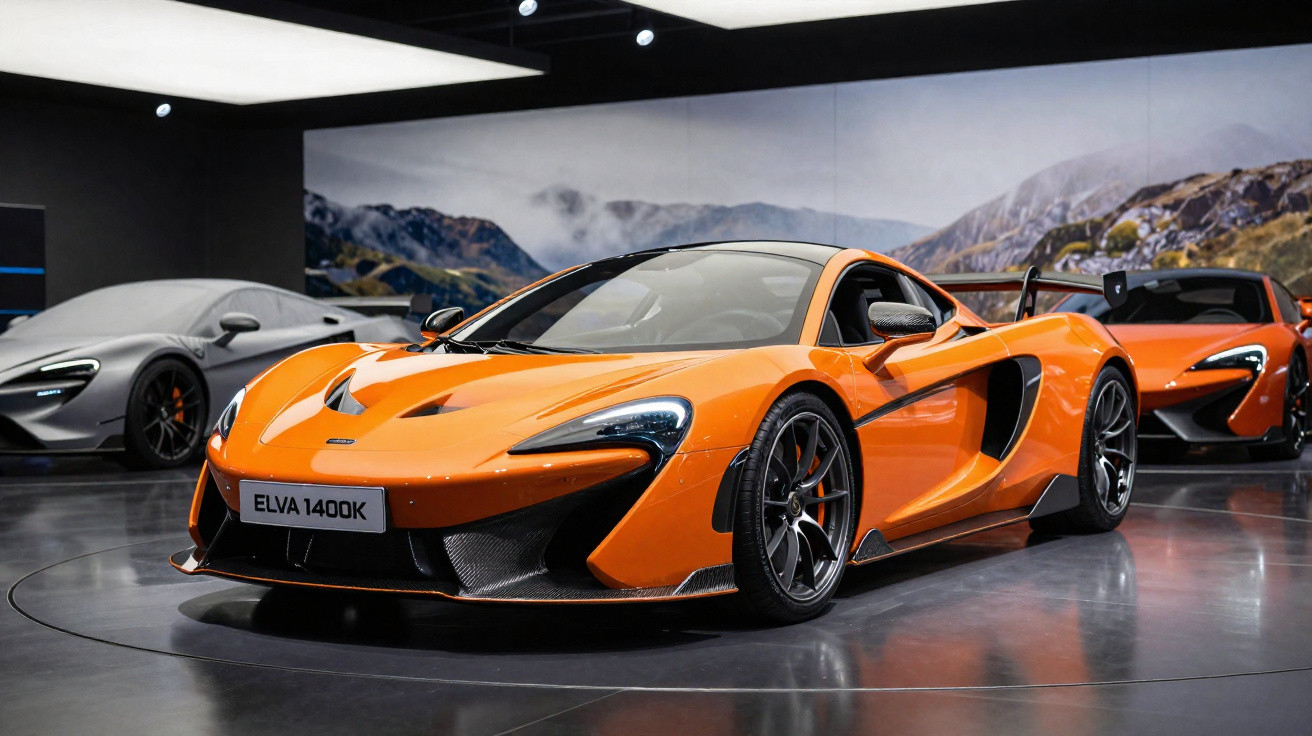 Carro esportivo laranja McLaren Elva 1400K em exposição com dois outros carros ao fundo.