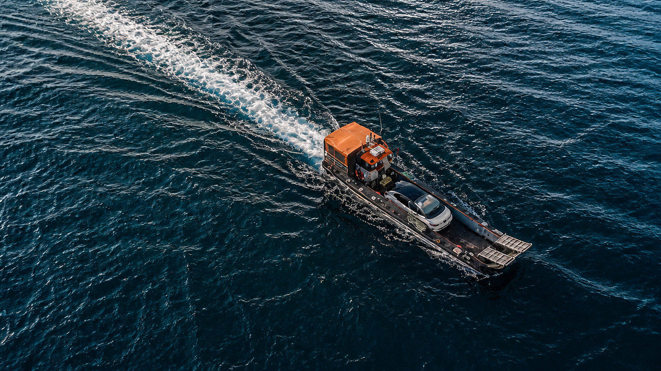 Barco de transporte navegando no mar com um carro carregado em sua plataforma.