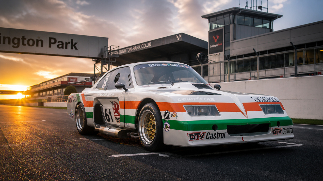 Carro de corrida branco com faixas verde e laranja estacionado em pista de corrida ao pôr do sol.