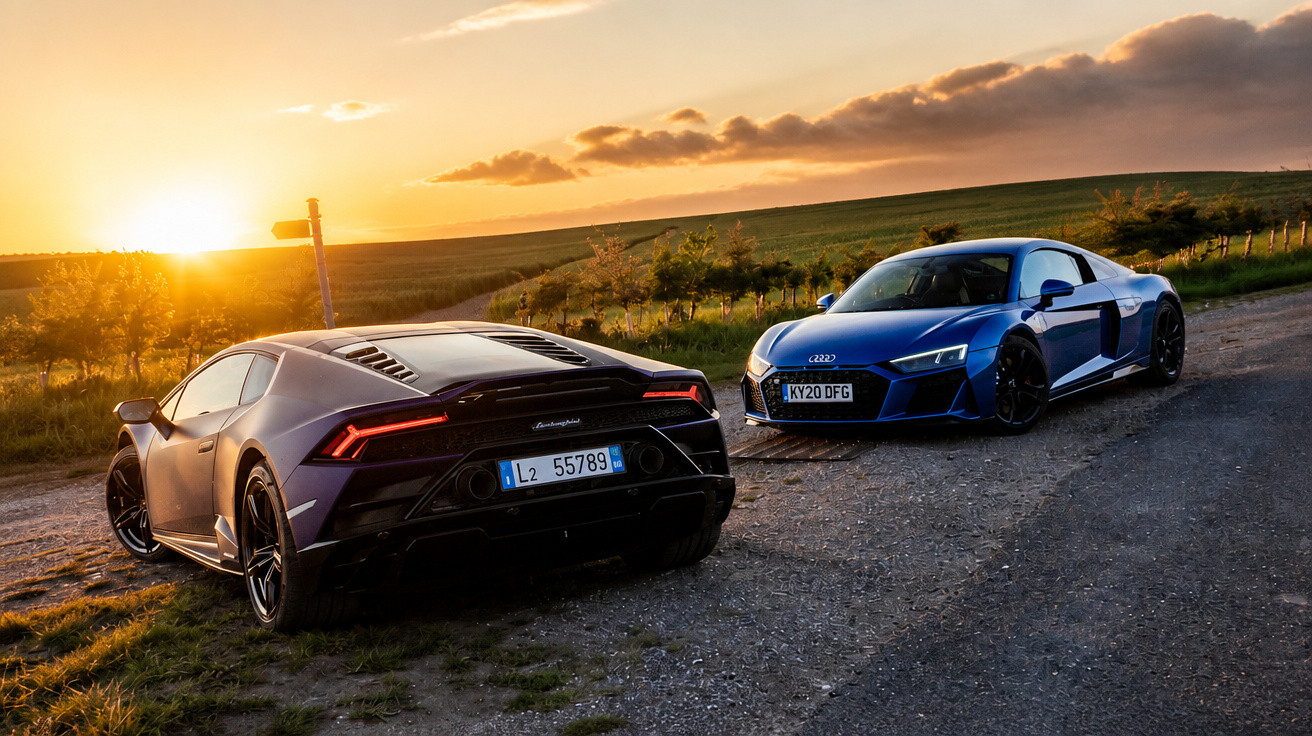 Dois carros esportivos, Lamborghini preto e Audi azul, em estrada de terra ao pôr do sol.