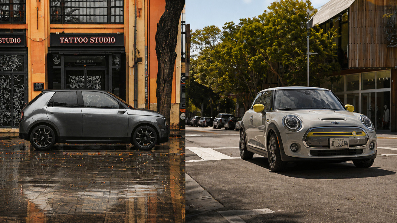 Dois carros estacionados em ruas urbanas, um cinza em frente a estúdio de tatuagem e outro branco em área ensolarada.