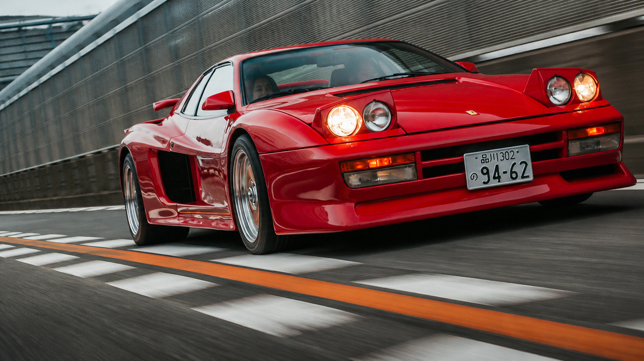 Carro esportivo vermelho em alta velocidade em pista urbana com faróis dianteiros acesos.