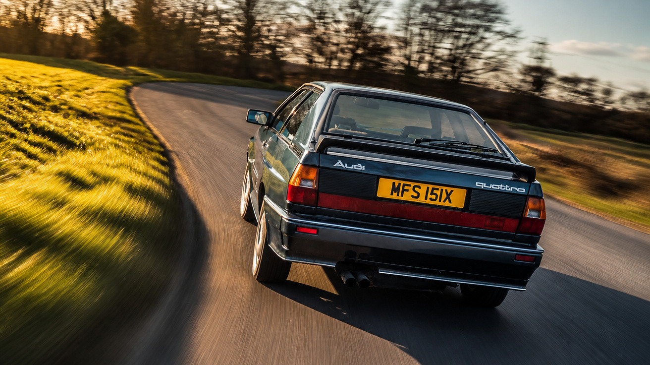 Carro Audi Quattro preto antigo em estrada curva cercada por gramado e árvores ao pôr do sol.