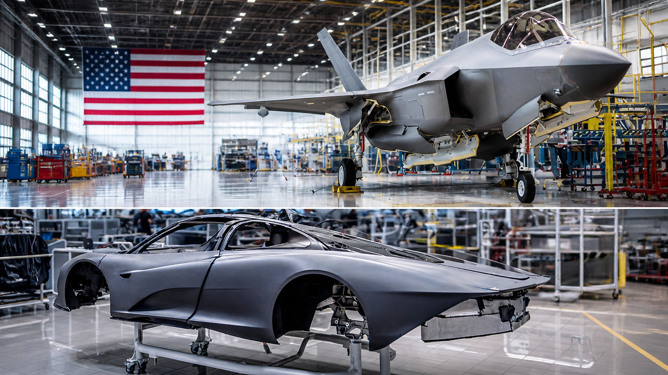Hangar com jato militar cinza e carro esportivo cinza em processo de montagem, ambiente industrial e bandeira dos EUA.