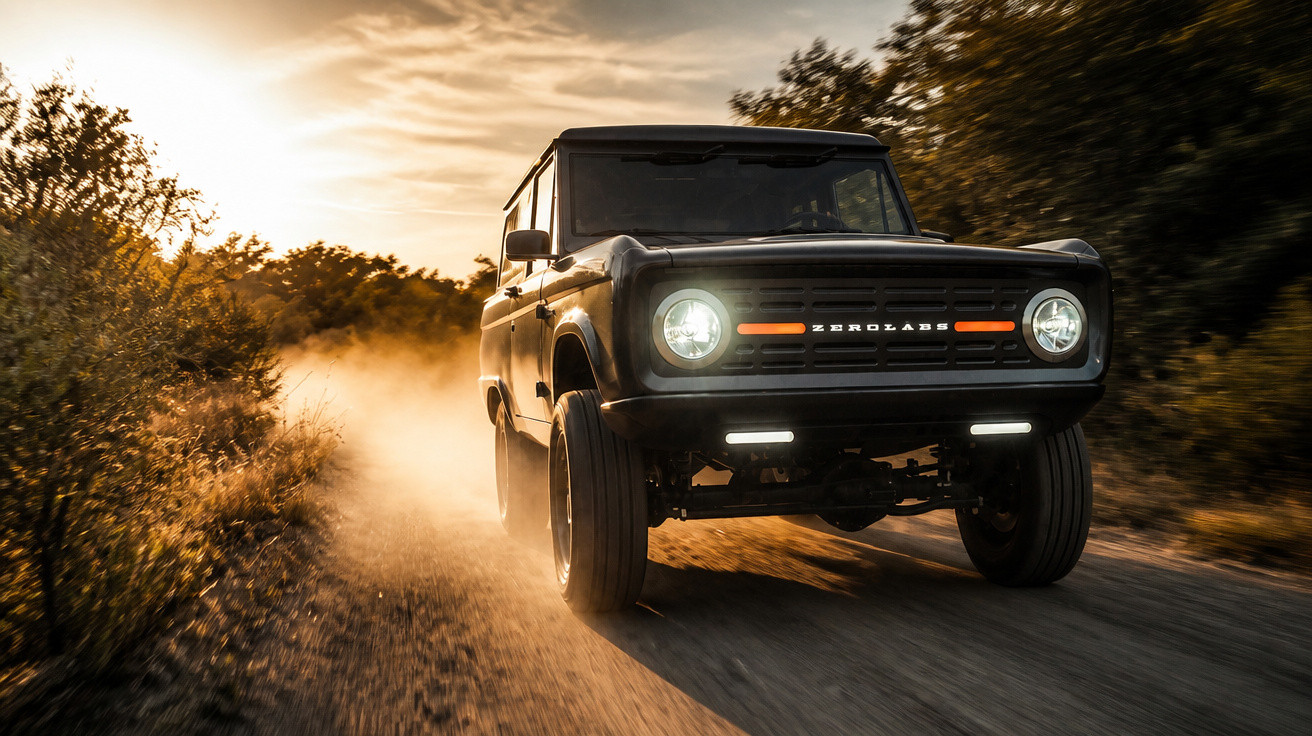 Carro off-road preto levantando poeira em estrada de terra ao entardecer com faróis acesos.