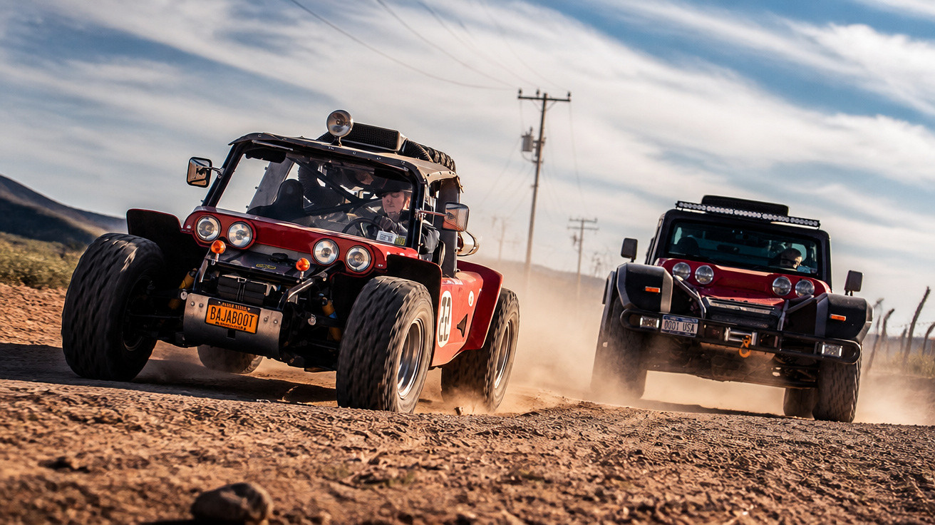 Dois carros off-road vermelhos competem em pista de terra com céu azul e nuvens ao fundo.