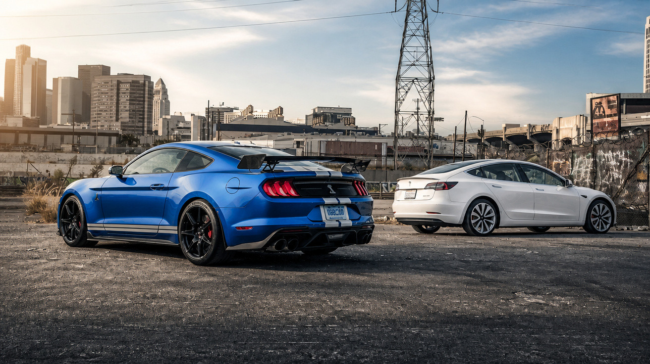 Carros esportivo azul e sedan branco estacionados em área urbana com prédios ao fundo e céu claro.