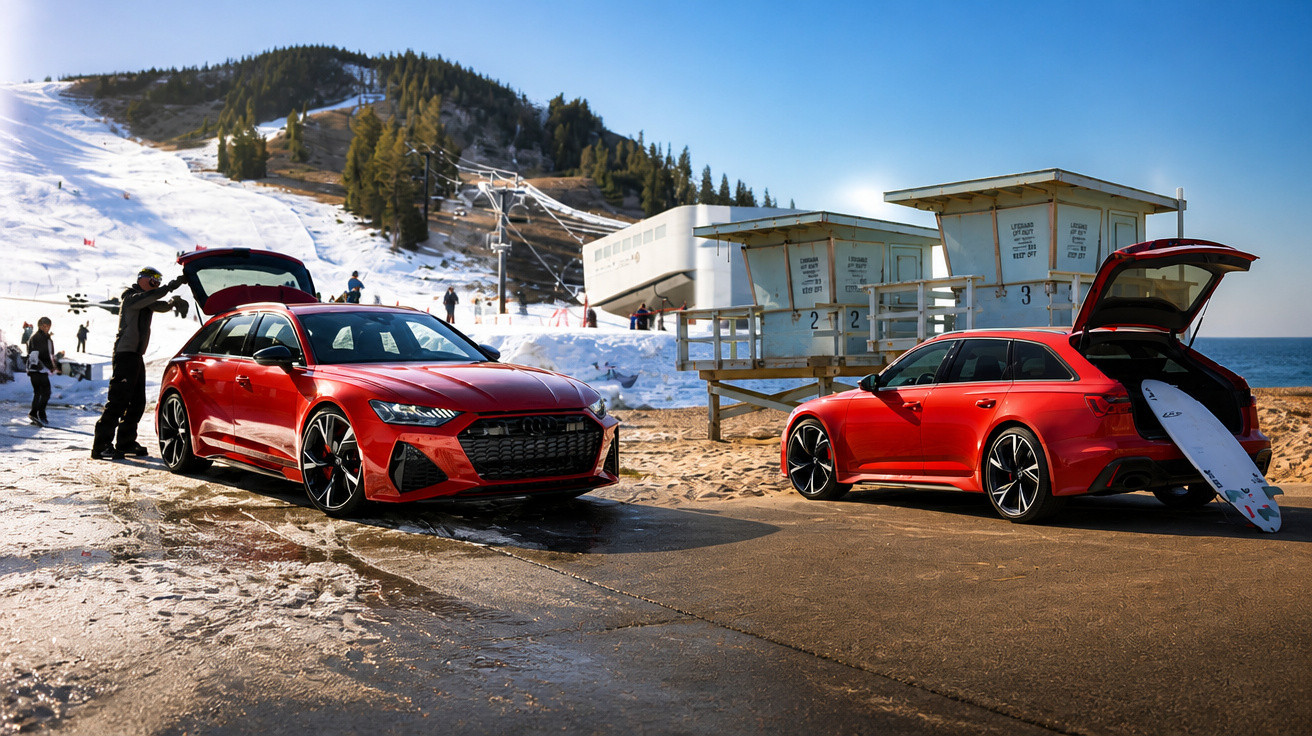 Dois carros esportivos vermelhos, um na praia com prancha de surfe e outro na neve com esquiador, sob céu azul.