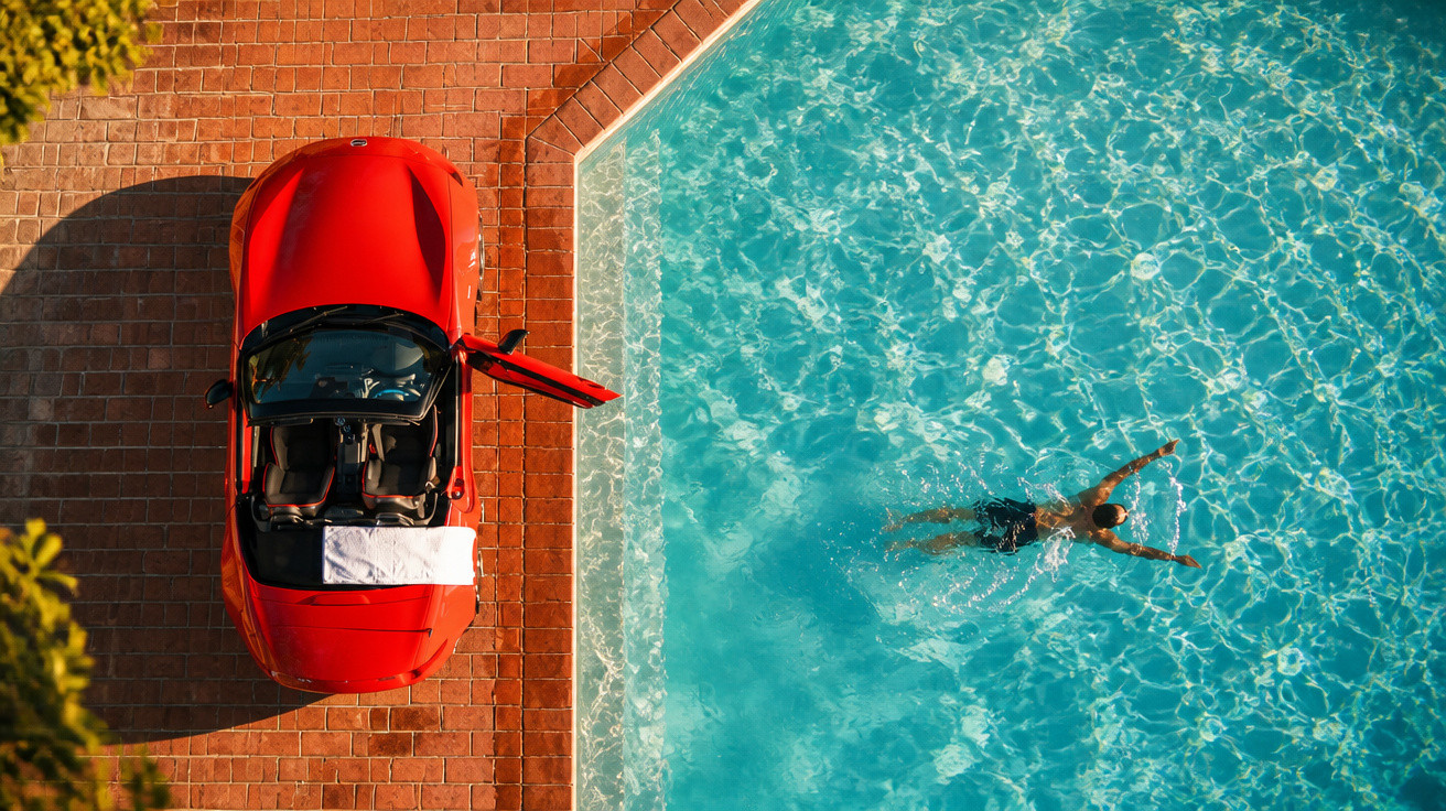 Vista aérea de pessoa nadando em piscina azul ao lado de carro vermelho estacionado em piso de tijolos.