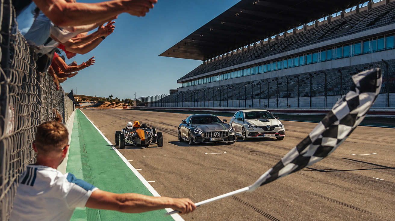 Pessoas na linha de chegada acenando com bandeira xadrez enquanto três carros competem em pista de corrida.