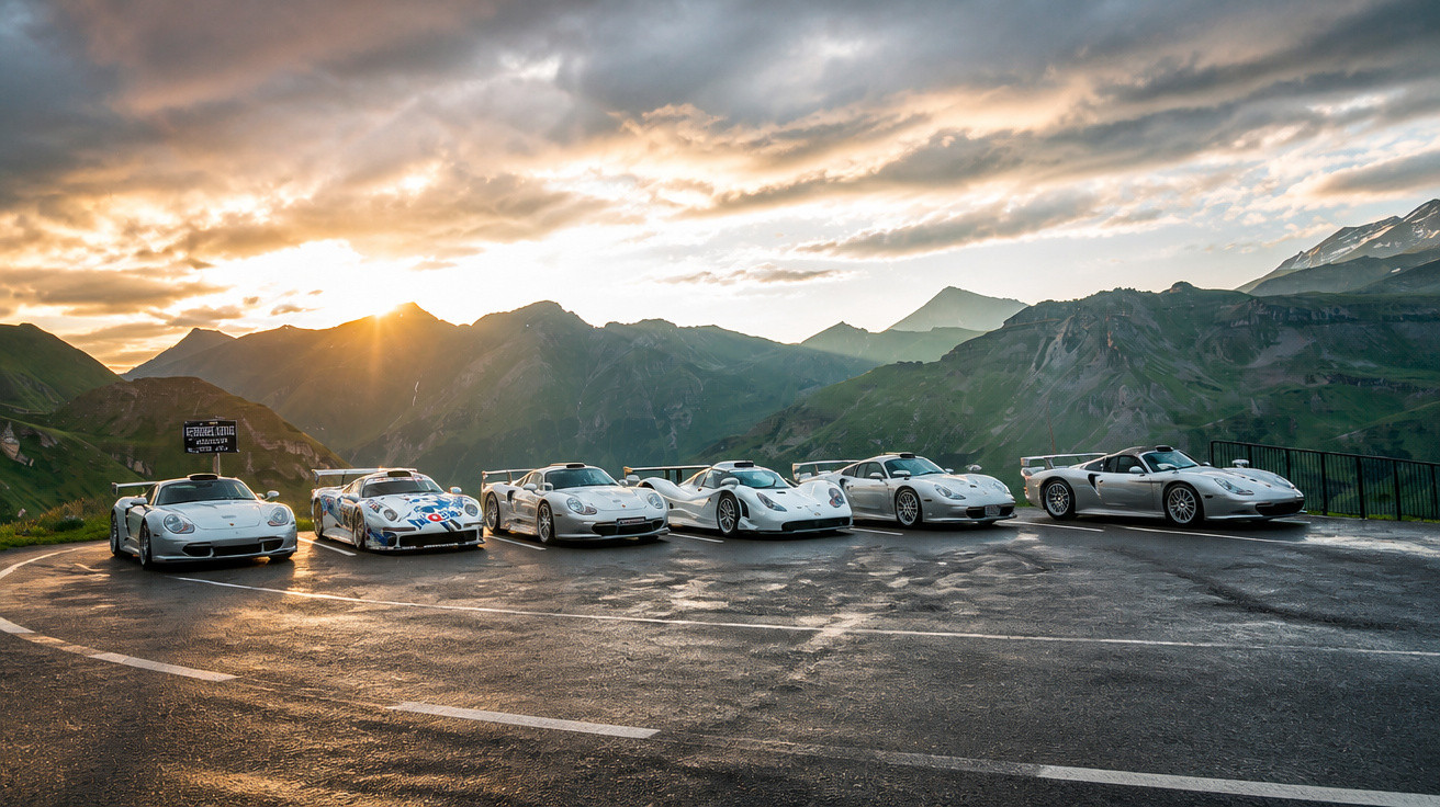 Seis carros esportivos brancos alinhados em estrada de montanha ao pôr do sol.