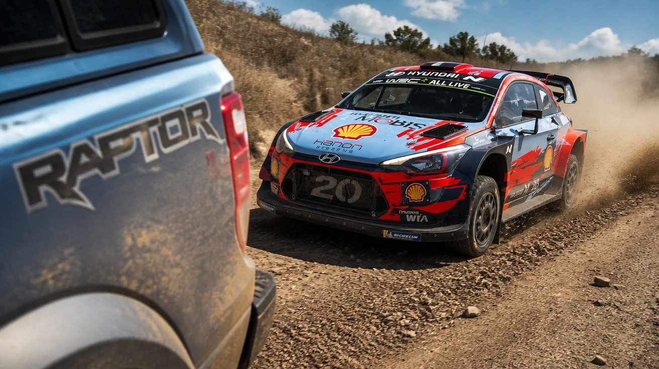 Carro de rally Hyundai i20 em alta velocidade em estrada de terra com poeira ao fundo.