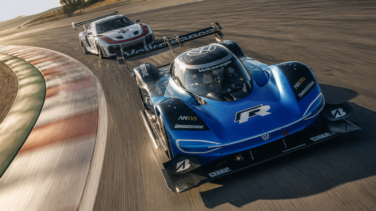 Dois carros de corrida entrando em curva em pista de alta velocidade, um azul e outro branco ao fundo.