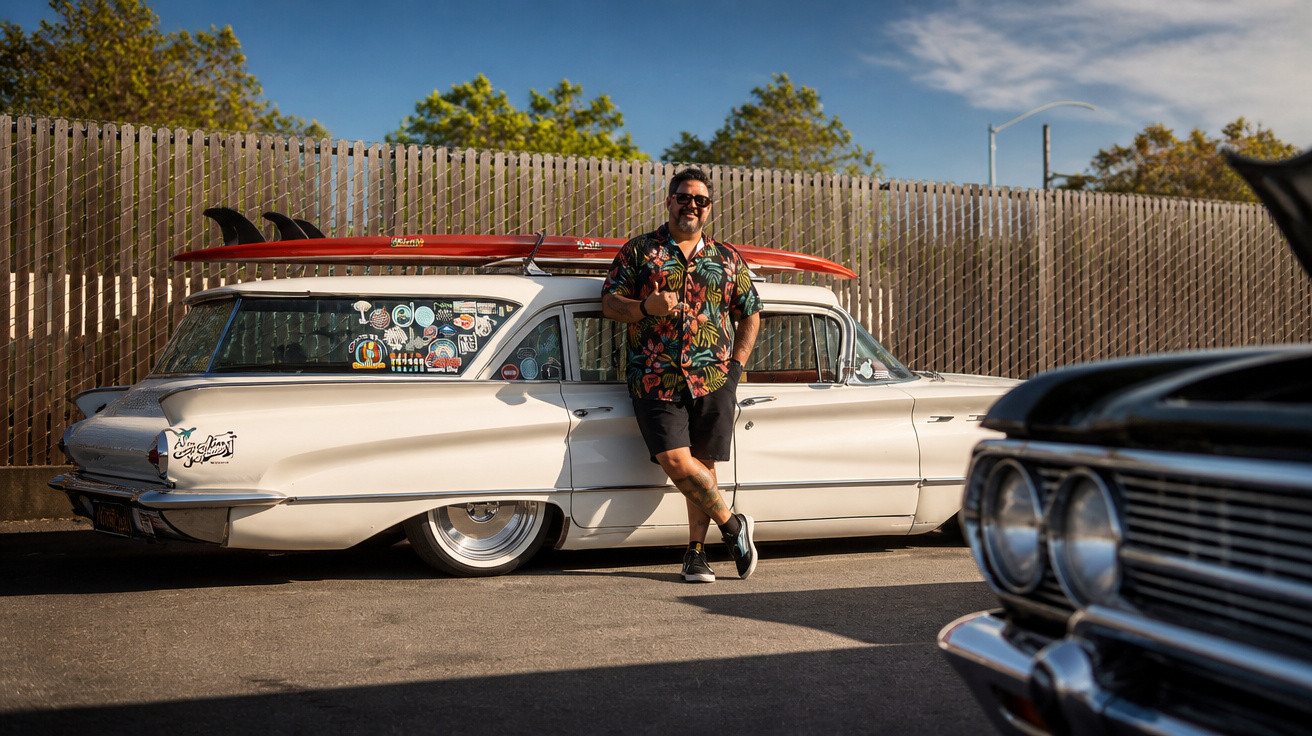 Homem sorridente com camisa floral encostado em carro clássico branco com pranchas de surf no teto em estacionamento.
