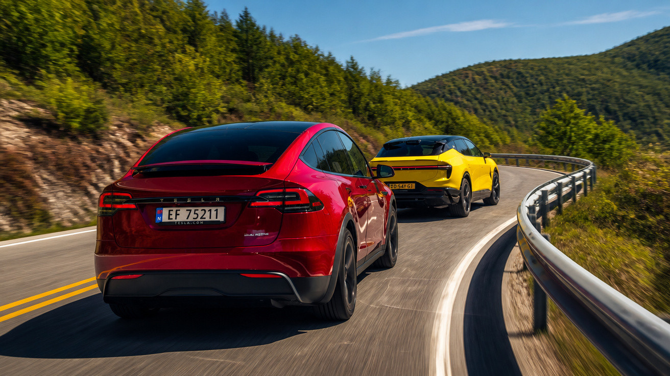 Dois carros elétricos modernos, vermelho e amarelo, dirigindo em estrada sinuosa cercada por árvores e montanhas.
