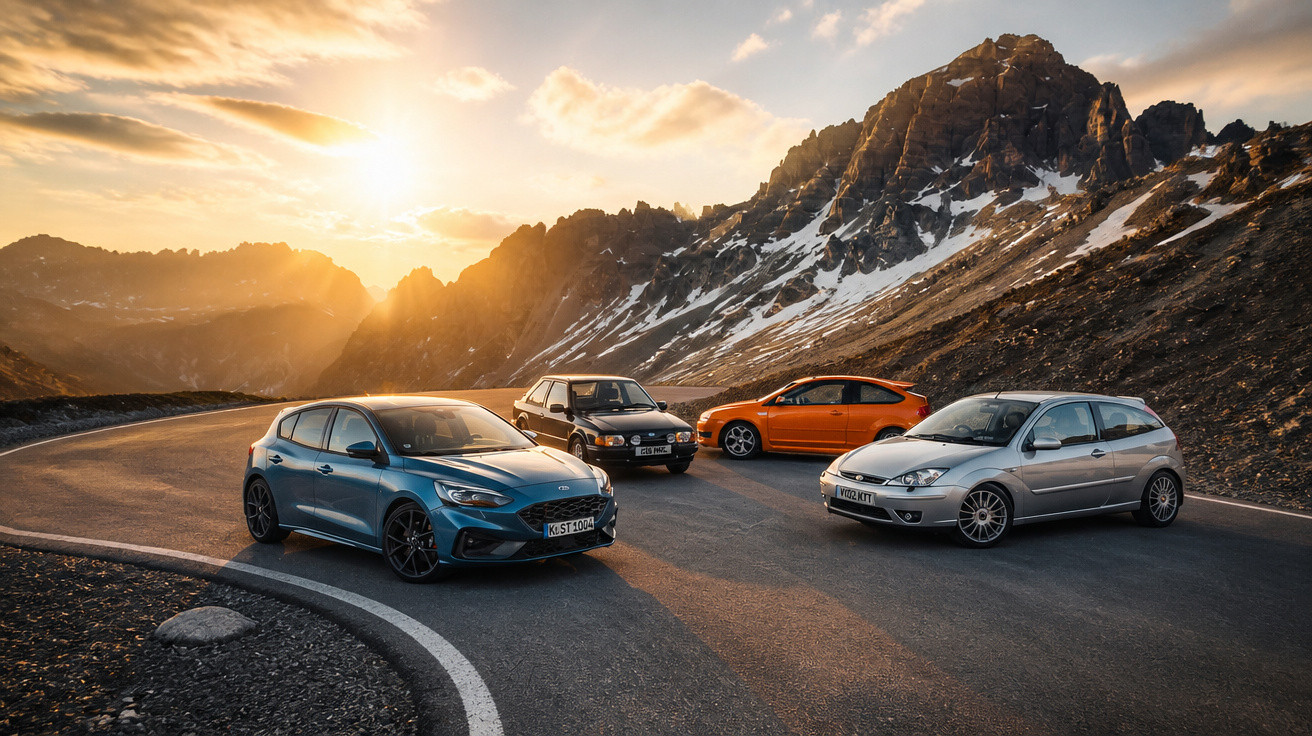 Quatro carros estacionados em estrada montanhosa ao pôr do sol com montanhas ao fundo e céu claro.