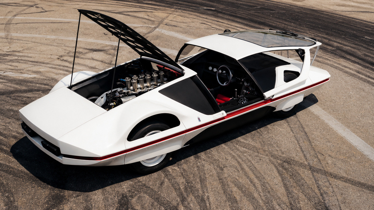 Carro esportivo futurista branco com motor exposto e design aerodinâmico estacionado em asfalto.