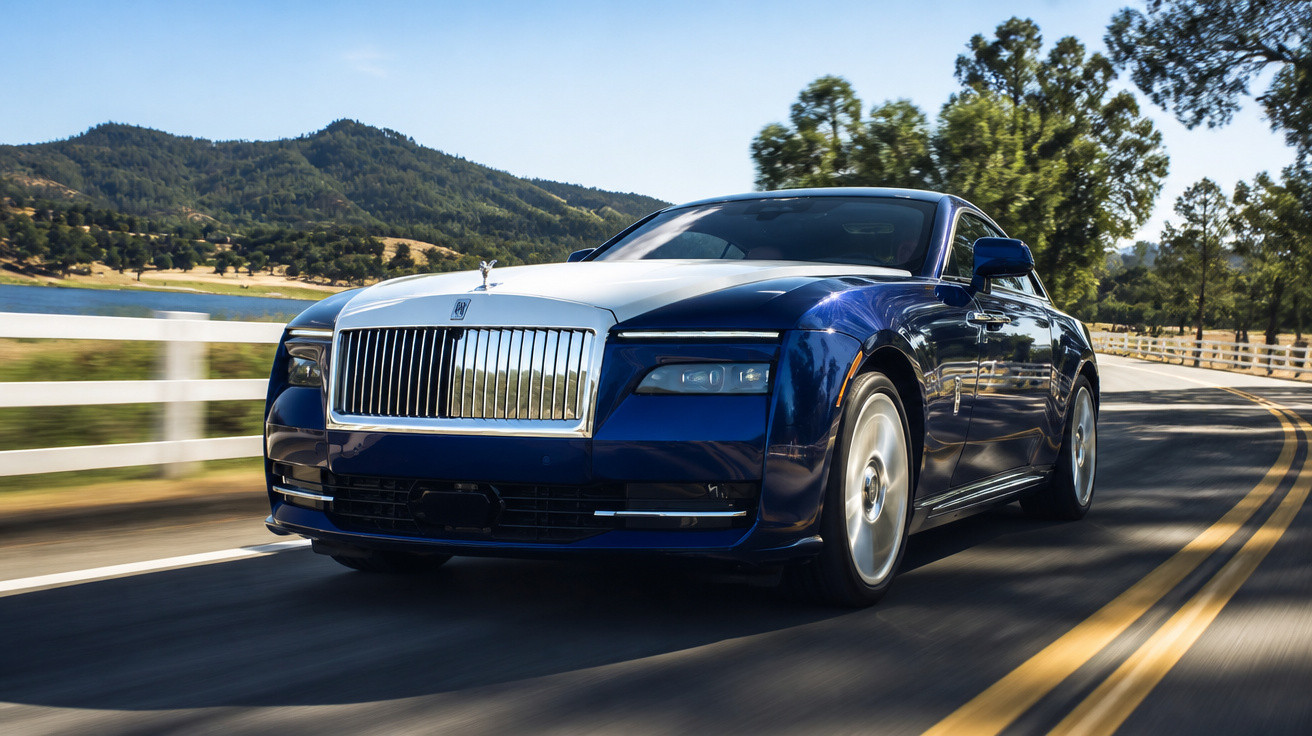 Carro de luxo Rolls-Royce azul e branco dirigindo em estrada curva com paisagem de montanhas e árvores.