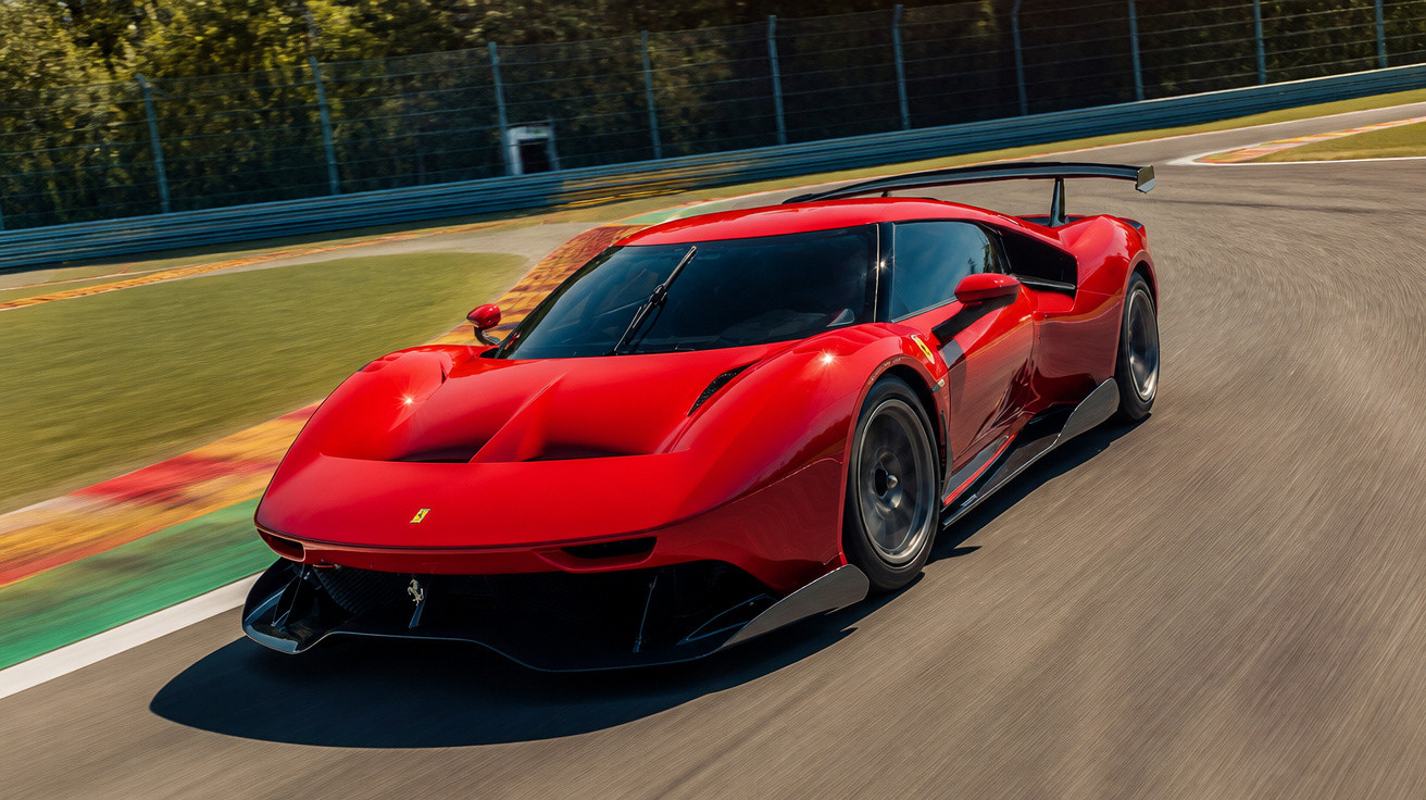 Carro esportivo vermelho Ferrari acelerando em curva de pista de corrida com vegetação ao fundo.