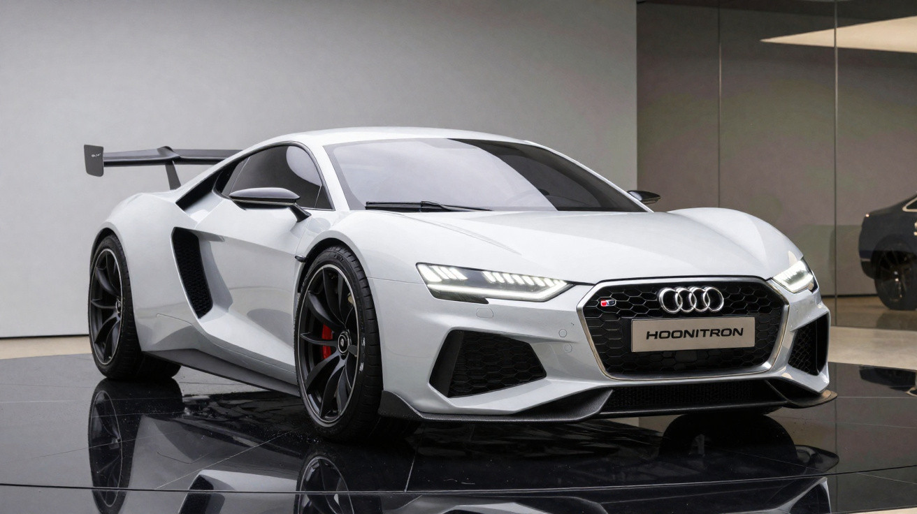 Carro esportivo branco Audi Hoonitron em exibição sobre piso preto brilhante interno.
