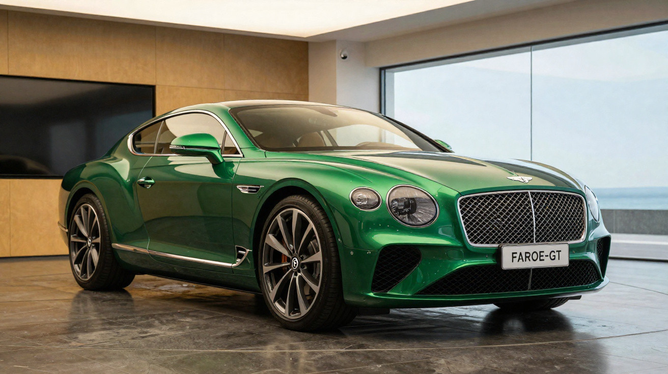 Carro esportivo verde Bentley Faroe-GT estacionado em ambiente interno moderno com piso escuro.