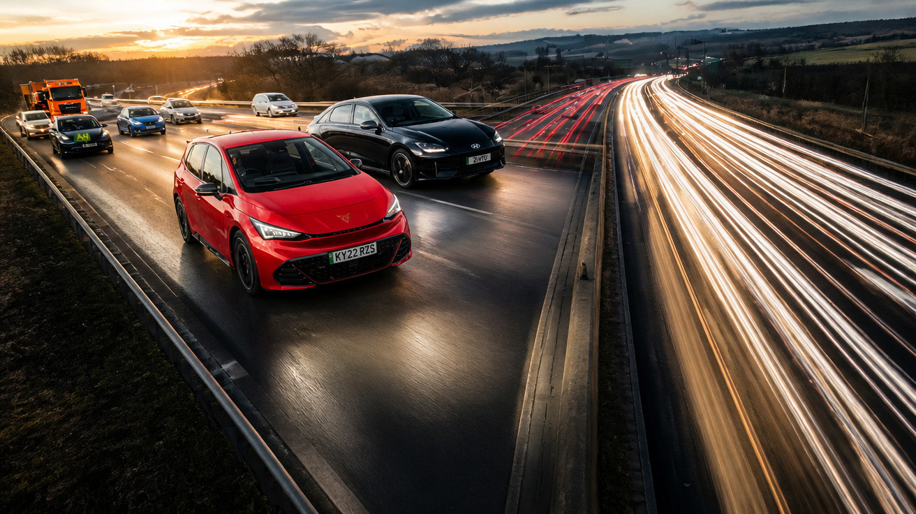 Carros em estrada ao entardecer, com rastros de luz na pista ao lado mostrando movimento noturno intenso.