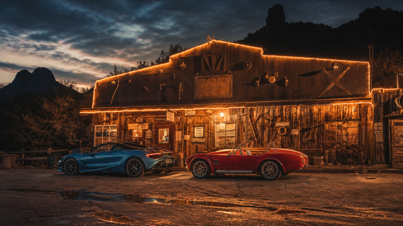 Dois carros esportivos, azul e vermelho, estacionados em frente a um galpão iluminado à noite.
