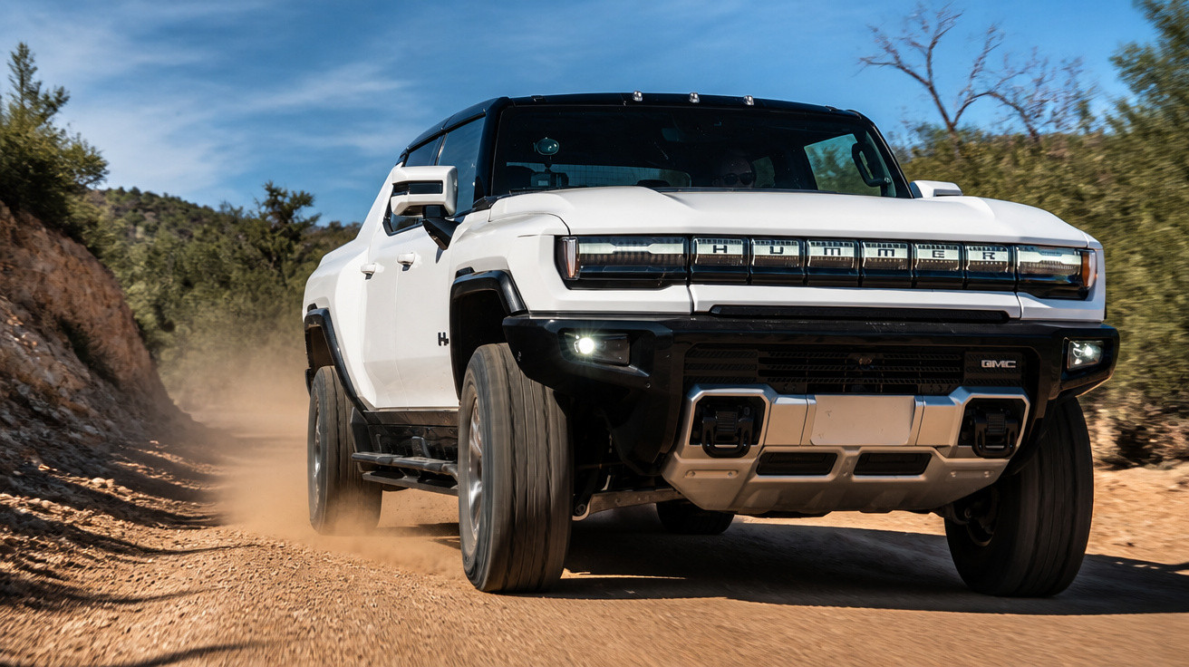 Veículo branco robusto tipo caminhonete GMC Hummer dirigindo em estrada de terra com poeira ao redor.