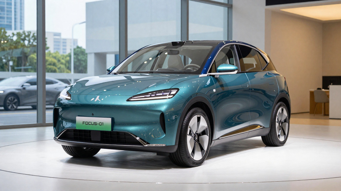 Carro elétrico conceito azul metálico estacionado em ambiente moderno e iluminado, com design aerodinâmico.