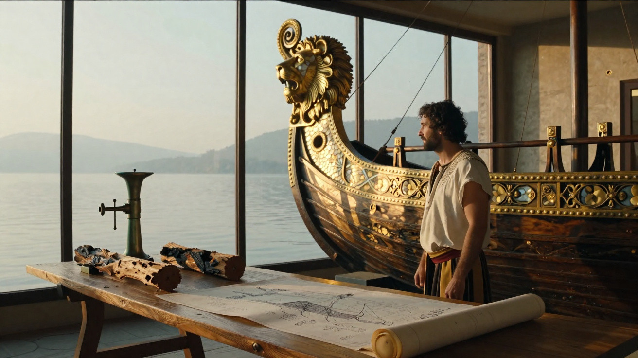 Homem observa barco antigo com escultura de leão em sala com mesa de madeira e mapas.