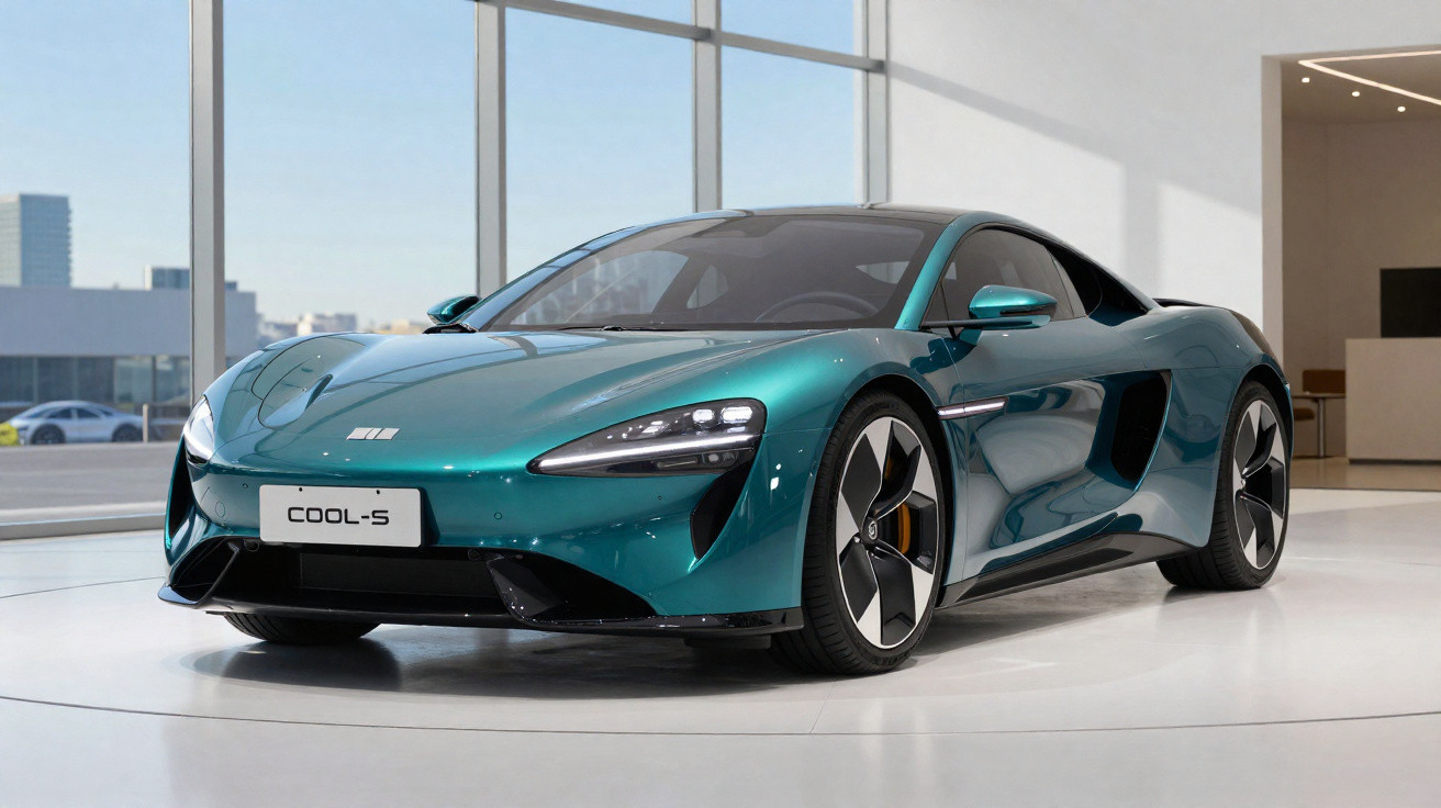 Carro esportivo elétrico verde metálico modelo Cool-S em exposição em salão moderno e iluminado.