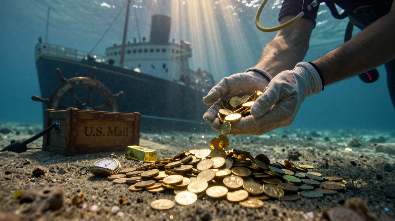 Mergulhador coleta moedas de ouro no fundo do mar, com navio naufragado e caixa de correio US ao fundo.