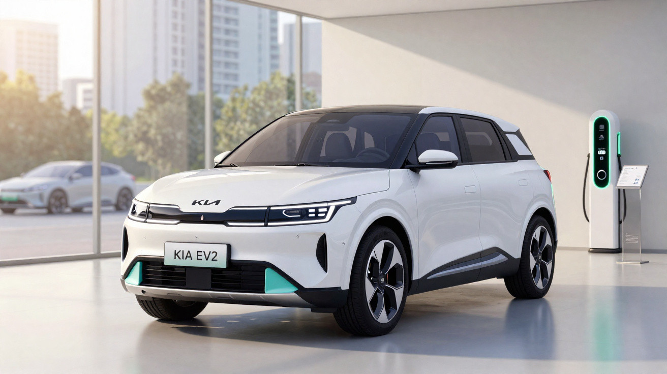 Carro elétrico branco Kia EV2 estacionado em ambiente interno ao lado de estação de recarga.