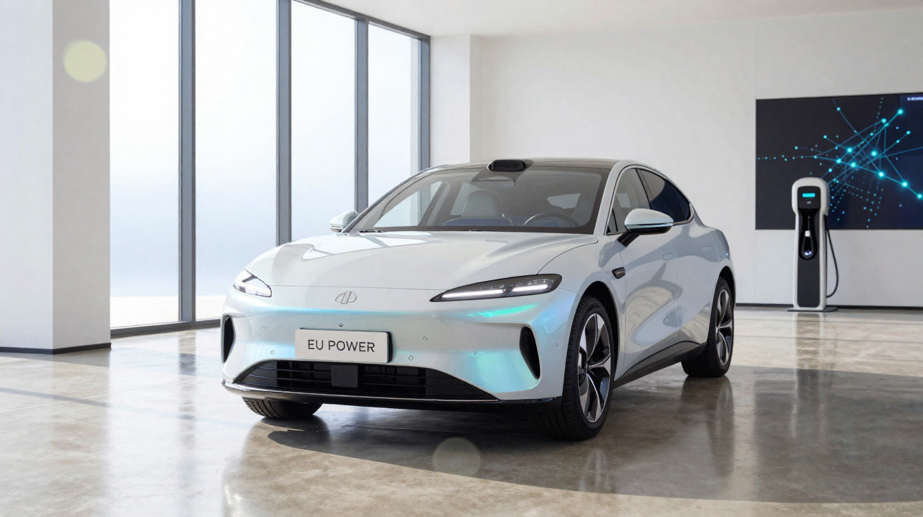 Carro elétrico branco moderno estacionado em garagem ampla e iluminada com estação de carregamento ao fundo.