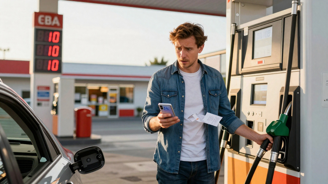 Homem com expressão preocupada abastecendo carro e verificando telefone em posto de gasolina.