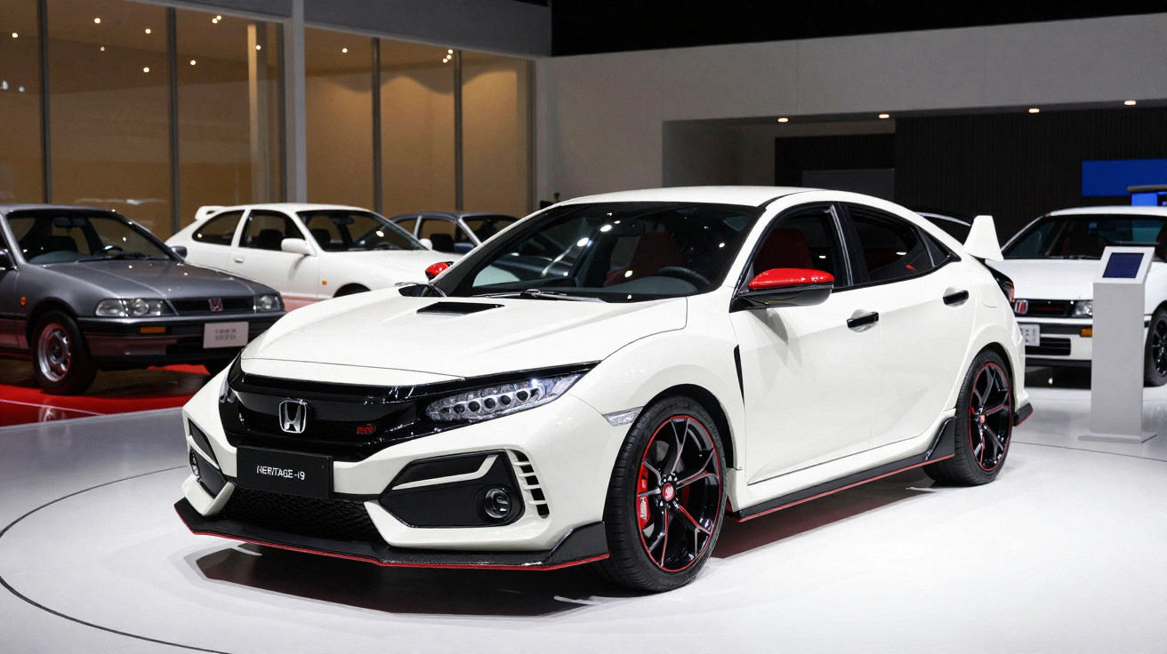 Carro esportivo Honda Civic branco com detalhes vermelhos exposto em salão automotivo.