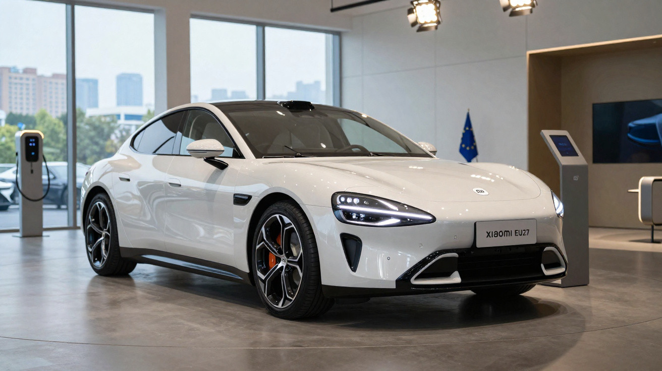 Carro elétrico branco Xiaomi EU27 em exposição, com design moderno e carregador ao fundo, em ambiente interno.